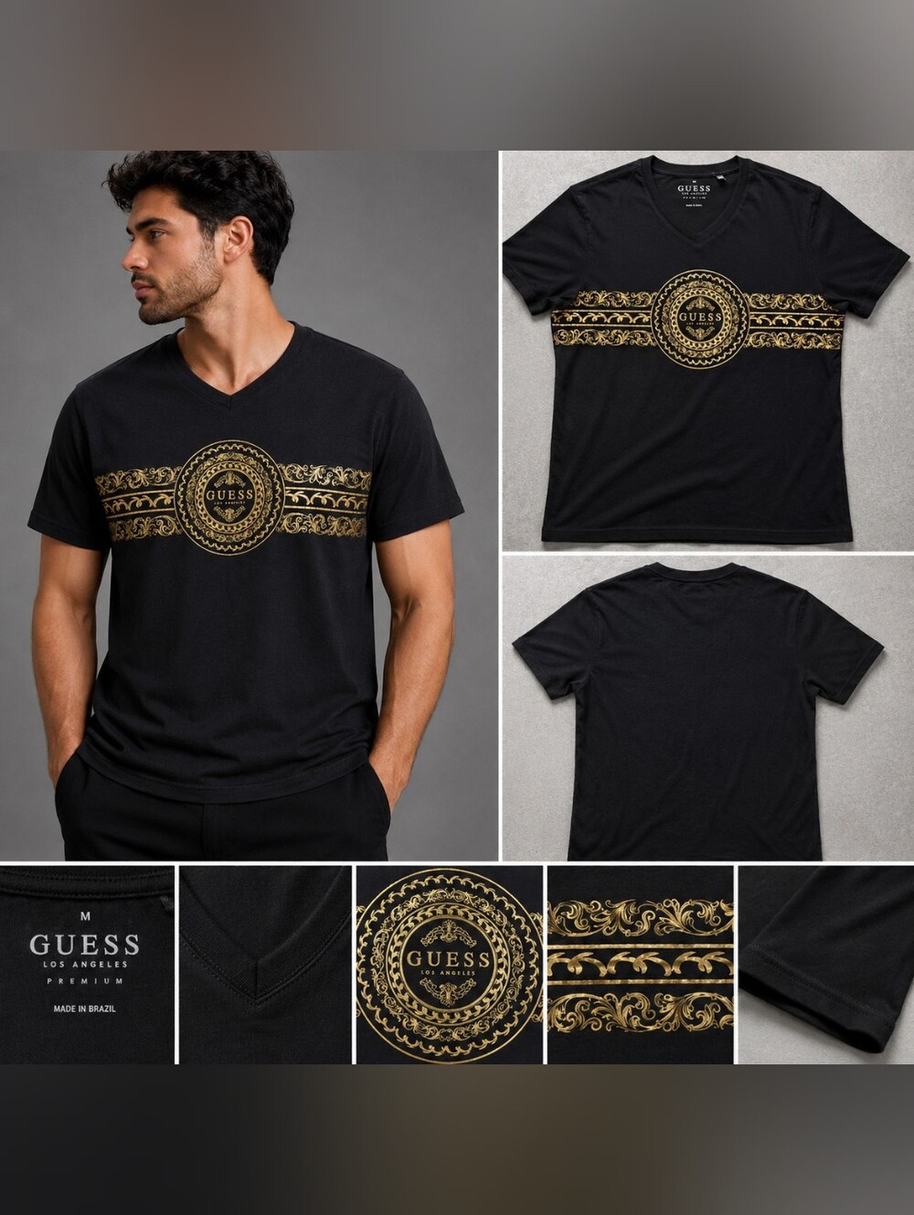 GUESS Men's Black Gold Baroque Medallion V-Neck T-Shirt XL